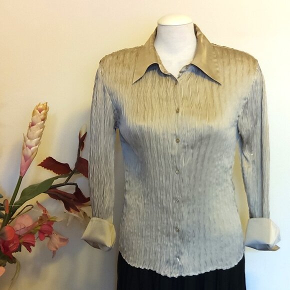 Preowned Conrad C Collection Blouse Beige Long Sleeve Pleated Shirt Women’s Top - Picture 5 of 7